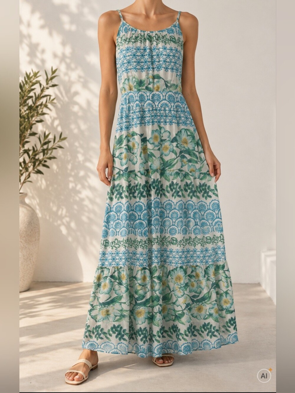 Eliza J Blue & Green Floral Tiered Maxi Dress
